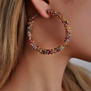 Colorful Beaded Rhinestone Hoop Earrings – 6cm Statement Crystal Hoops for Women